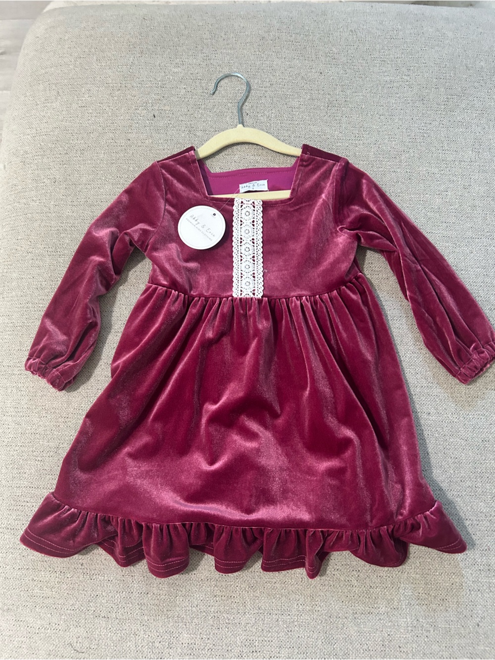 Abby & Evie Velvet Long Sleeve Girls Dress with Lace Trim - Deep Rose